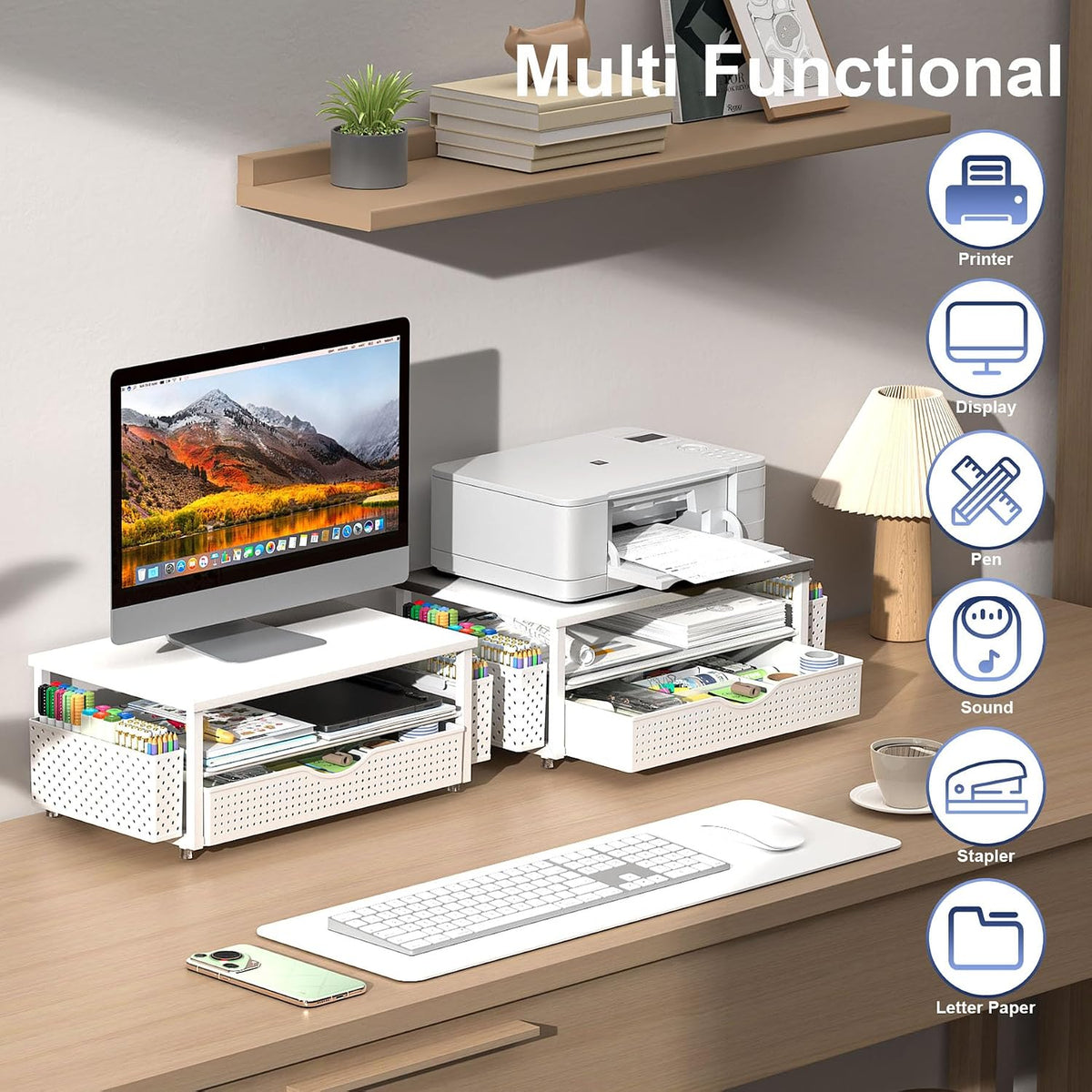 Computer Monitor Stand with Drawer and 2 Pen Holders, Black