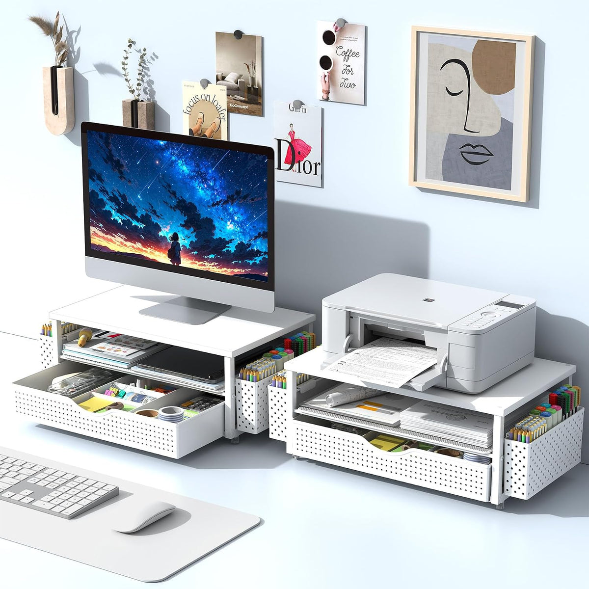 Computer Monitor Stand with Drawer and 2 Pen Holders, Black