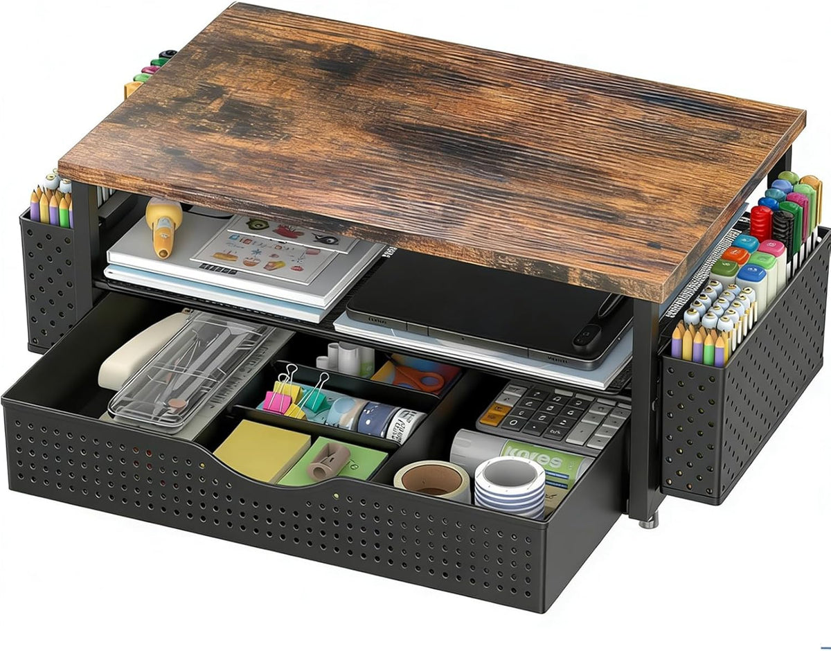 Computer Monitor Stand with Drawer and 2 Pen Holders, Black