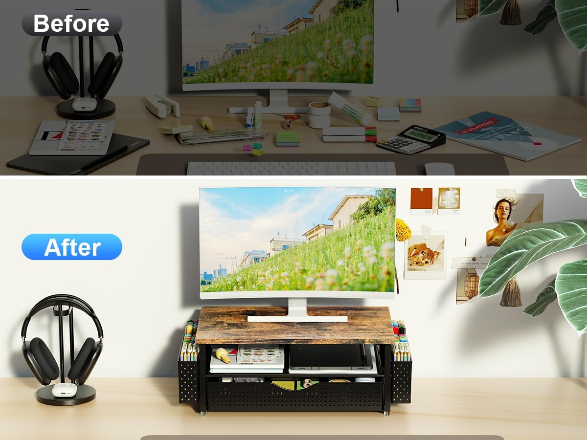 Computer Monitor Stand with Drawer and 2 Pen Holders, Black