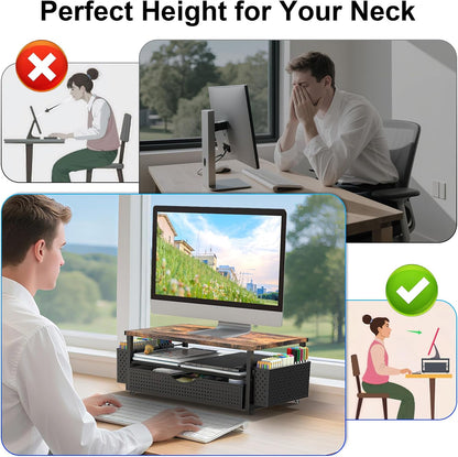 Computer Monitor Stand with Drawer and 2 Pen Holders, Black