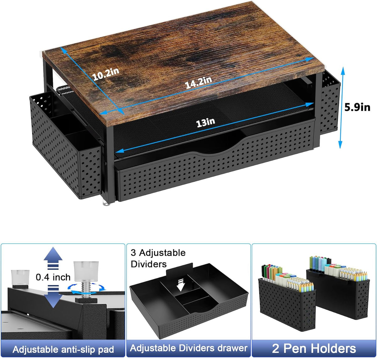 Computer Monitor Stand with Drawer and 2 Pen Holders, Black
