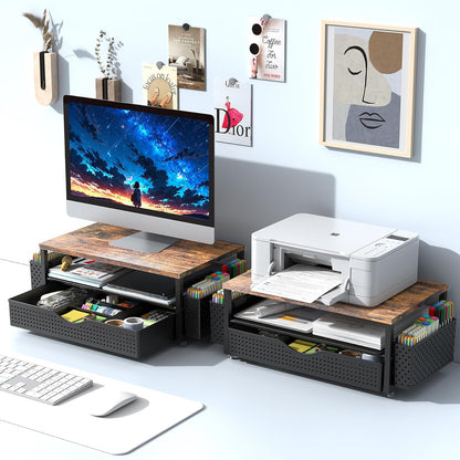 Computer Monitor Stand with Drawer and 2 Pen Holders, Black