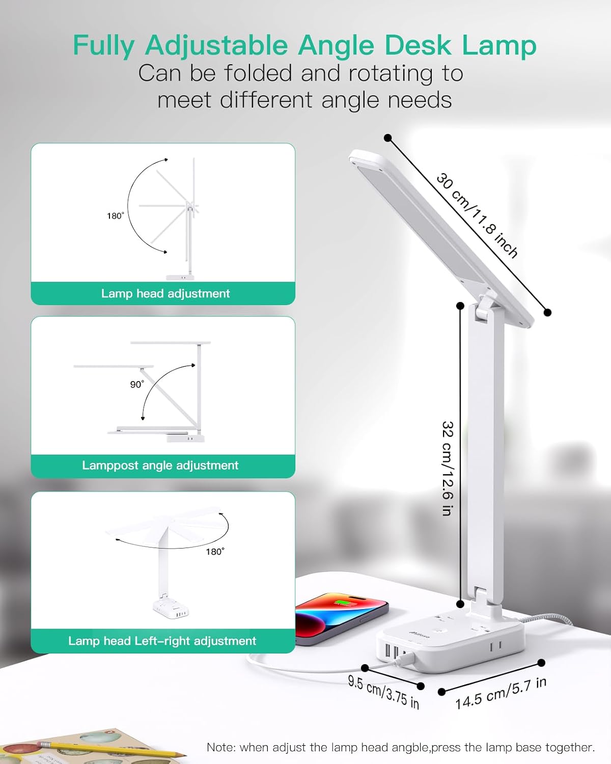 8-in-1 LED Desk Lamp with Power Strip, PD 30W Touch Desk Lamp, 4 Outlets & 4 USB Ports, Eye-Caring Dimmable Table Lamp with 5FT Extension Cord for Home Office College Dorm Room Essentials