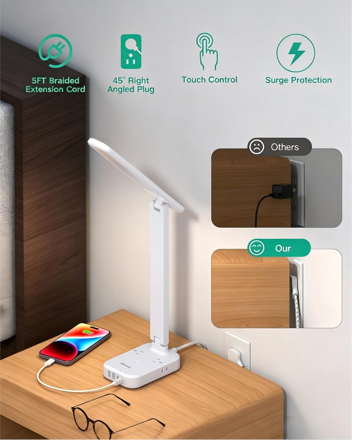 8-in-1 LED Desk Lamp with Power Strip, PD 30W Touch Desk Lamp, 4 Outlets & 4 USB Ports, Eye-Caring Dimmable Table Lamp with 5FT Extension Cord for Home Office College Dorm Room Essentials