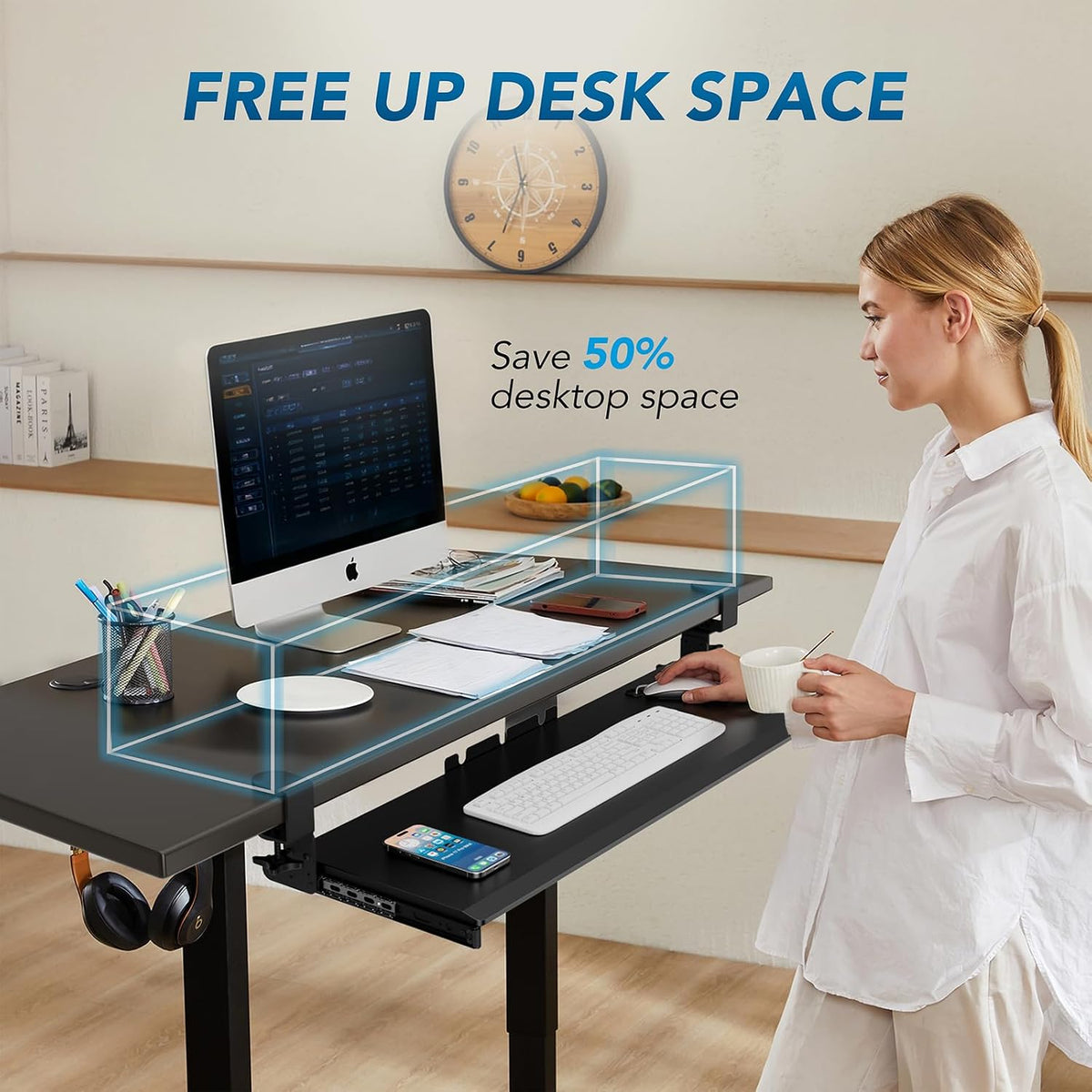 AX WABER Keyboard Tray Under Desk Pull Out with Extra Sturdy Adjustable C Clamp Mount System, 27.3 (32.5 inch Including Clamps) x 11 Inch Slide-Out Platform Computer Drawer for Typing, Black,AX01WB01