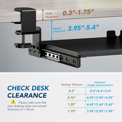 AX WABER Keyboard Tray Under Desk Pull Out with Extra Sturdy Adjustable C Clamp Mount System, 27.3 (32.5 inch Including Clamps) x 11 Inch Slide-Out Platform Computer Drawer for Typing, Black,AX01WB01