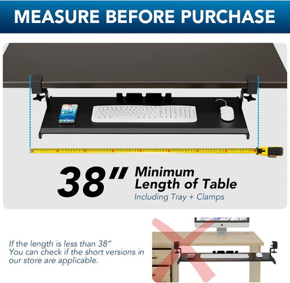 AX WABER Keyboard Tray Under Desk Pull Out with Extra Sturdy Adjustable C Clamp Mount System, 27.3 (32.5 inch Including Clamps) x 11 Inch Slide-Out Platform Computer Drawer for Typing, Black,AX01WB01