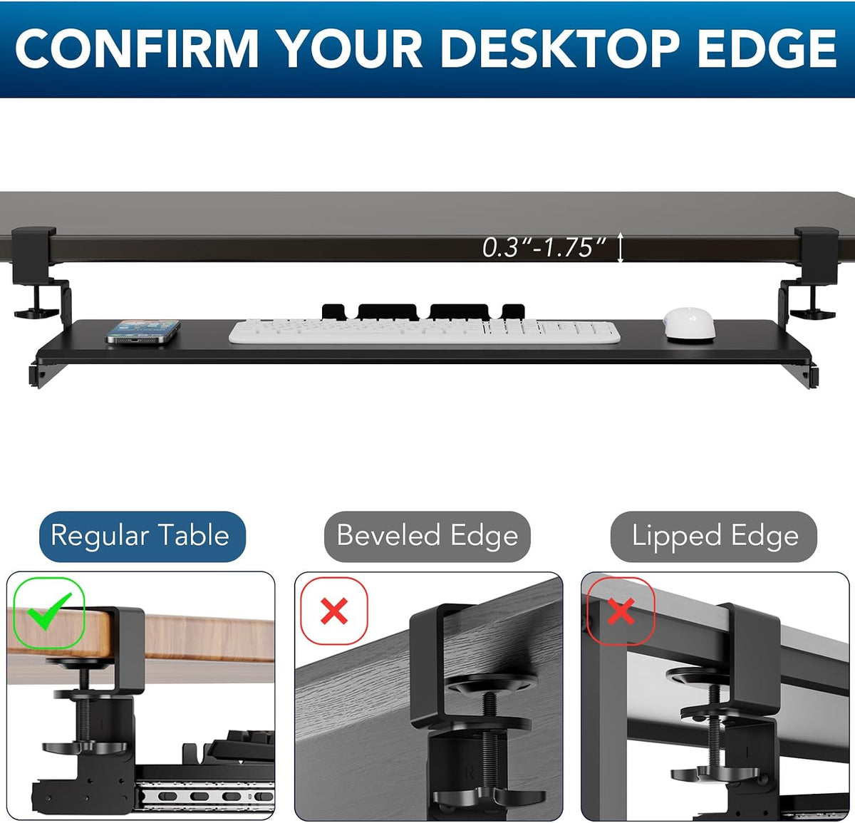 AX WABER Keyboard Tray Under Desk Pull Out with Extra Sturdy Adjustable C Clamp Mount System, 27.3 (32.5 inch Including Clamps) x 11 Inch Slide-Out Platform Computer Drawer for Typing, Black,AX01WB01
