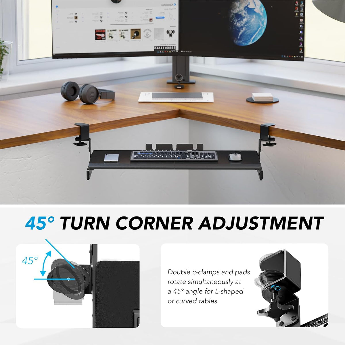 AX WABER Keyboard Tray Under Desk Pull Out with Extra Sturdy Adjustable C Clamp Mount System, 27.3 (32.5 inch Including Clamps) x 11 Inch Slide-Out Platform Computer Drawer for Typing, Black,AX01WB01