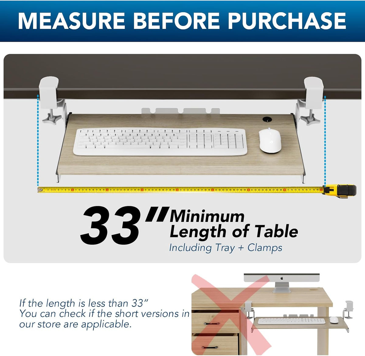 AX WABER Keyboard Tray Under Desk Pull Out with Extra Sturdy Adjustable C Clamp Mount System, 27.3 (32.5 inch Including Clamps) x 11 Inch Slide-Out Platform Computer Drawer for Typing, Black,AX01WB01