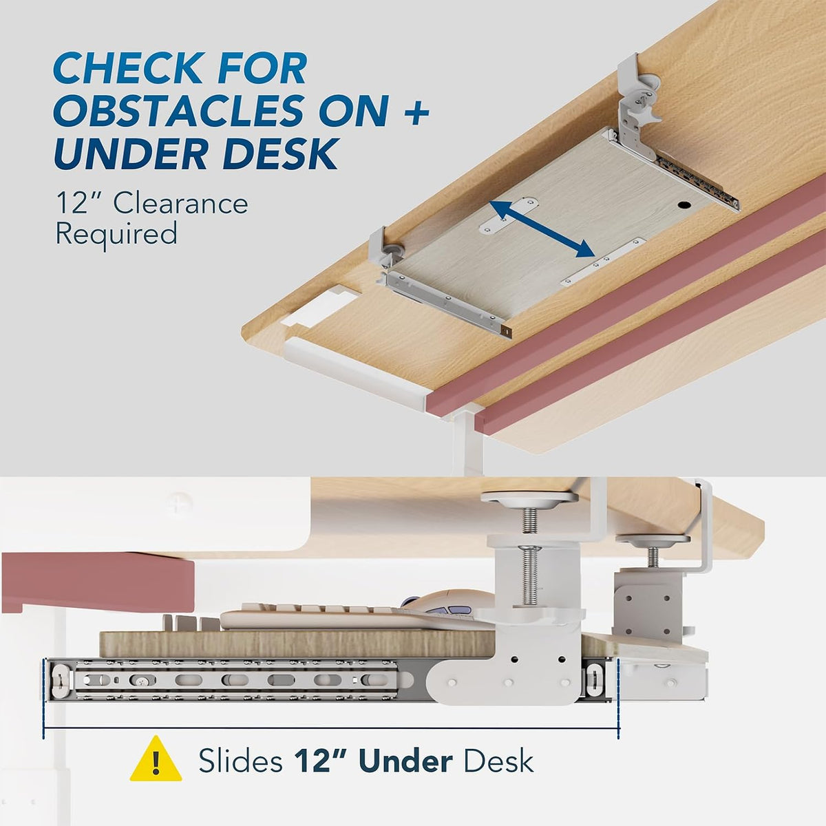 AX WABER Keyboard Tray Under Desk Pull Out with Extra Sturdy Adjustable C Clamp Mount System, 27.3 (32.5 inch Including Clamps) x 11 Inch Slide-Out Platform Computer Drawer for Typing, Black,AX01WB01