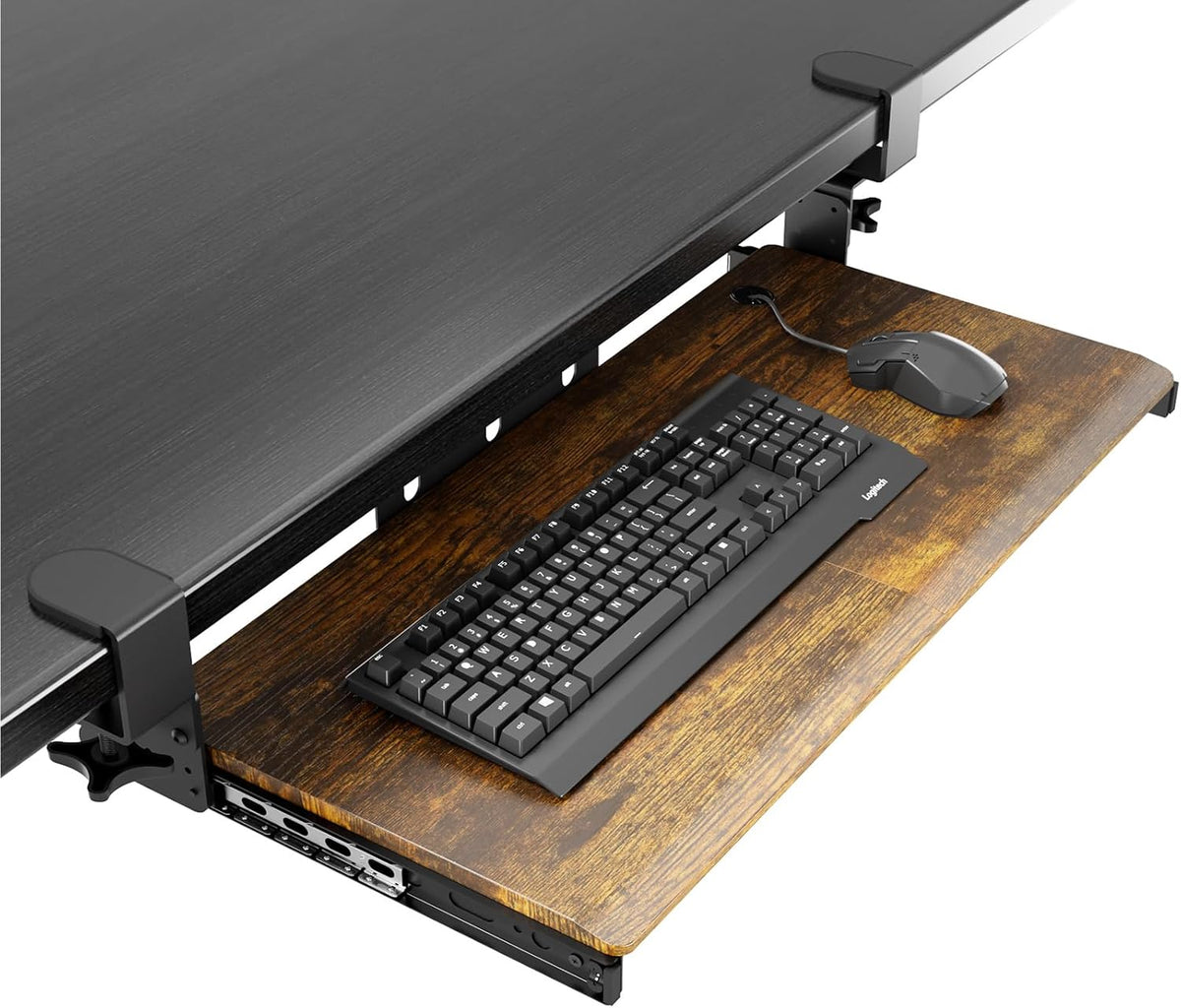AX WABER Keyboard Tray Under Desk Pull Out with Extra Sturdy Adjustable C Clamp Mount System, 27.3 (32.5 inch Including Clamps) x 11 Inch Slide-Out Platform Computer Drawer for Typing, Black,AX01WB01