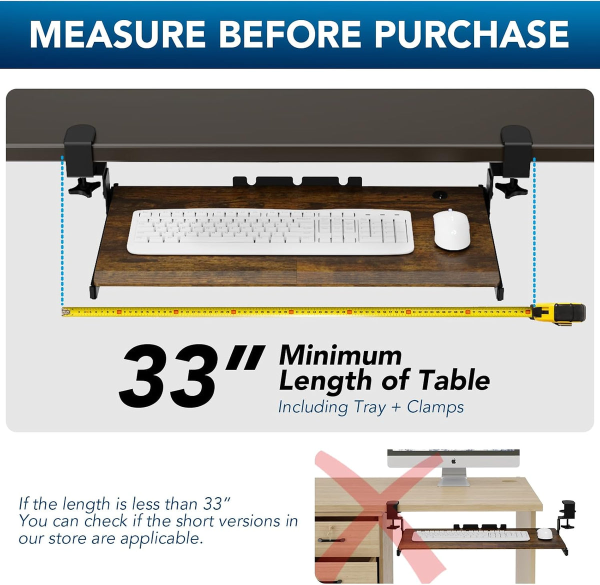 AX WABER Keyboard Tray Under Desk Pull Out with Extra Sturdy Adjustable C Clamp Mount System, 27.3 (32.5 inch Including Clamps) x 11 Inch Slide-Out Platform Computer Drawer for Typing, Black,AX01WB01