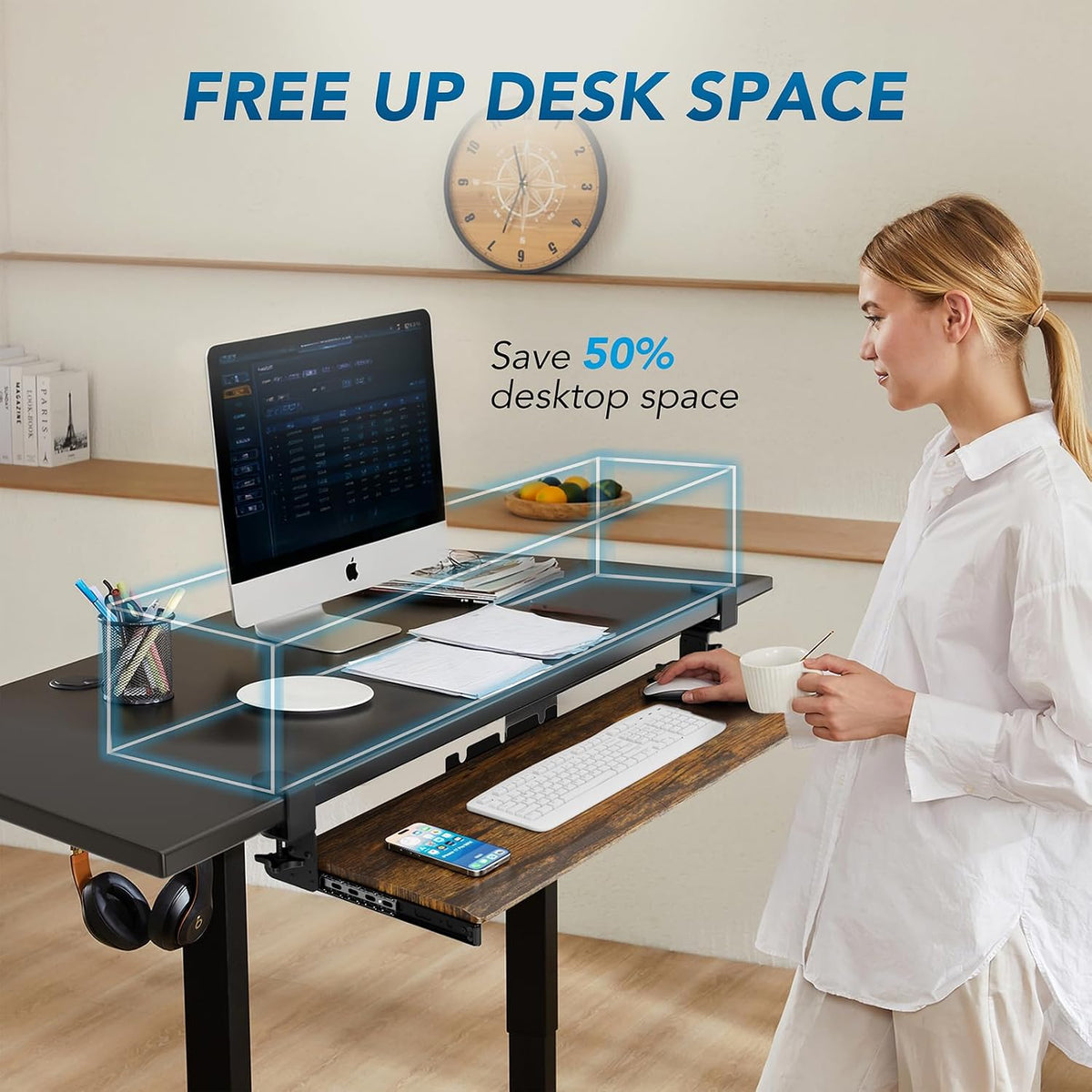 AX WABER Keyboard Tray Under Desk Pull Out with Extra Sturdy Adjustable C Clamp Mount System, 27.3 (32.5 inch Including Clamps) x 11 Inch Slide-Out Platform Computer Drawer for Typing, Black,AX01WB01