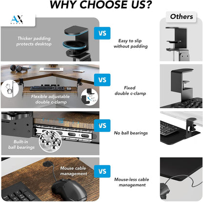 AX WABER Keyboard Tray Under Desk Pull Out with Extra Sturdy Adjustable C Clamp Mount System, 27.3 (32.5 inch Including Clamps) x 11 Inch Slide-Out Platform Computer Drawer for Typing, Black,AX01WB01