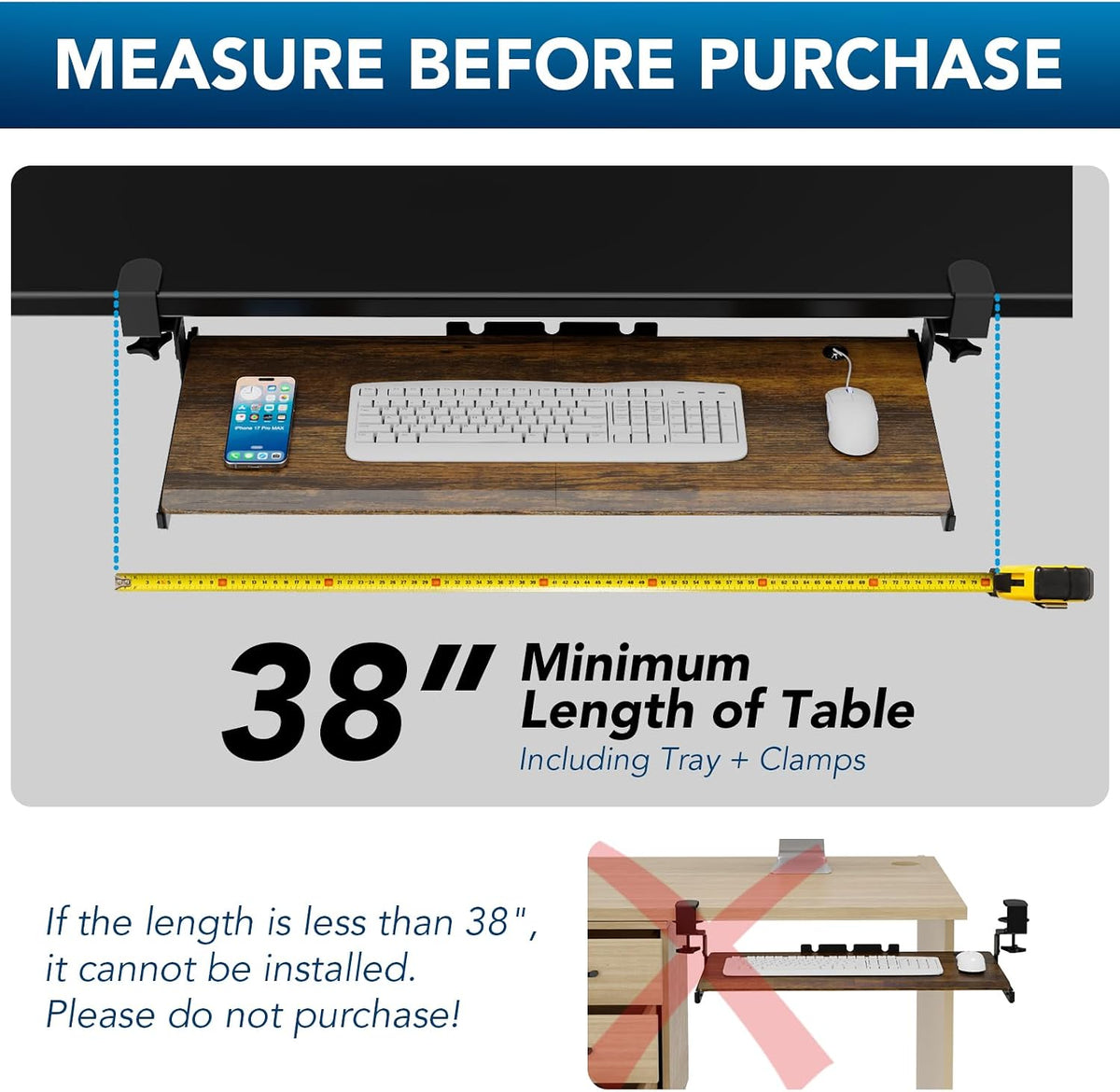 AX WABER Keyboard Tray Under Desk Pull Out with Extra Sturdy Adjustable C Clamp Mount System, 27.3 (32.5 inch Including Clamps) x 11 Inch Slide-Out Platform Computer Drawer for Typing, Black,AX01WB01