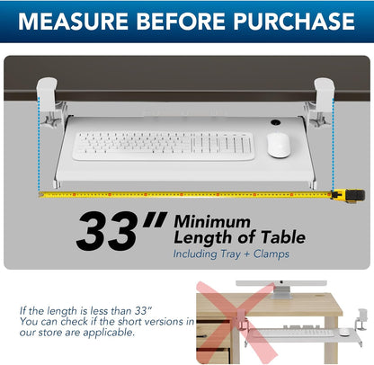 AX WABER Keyboard Tray Under Desk Pull Out with Extra Sturdy Adjustable C Clamp Mount System, 27.3 (32.5 inch Including Clamps) x 11 Inch Slide-Out Platform Computer Drawer for Typing, Black,AX01WB01