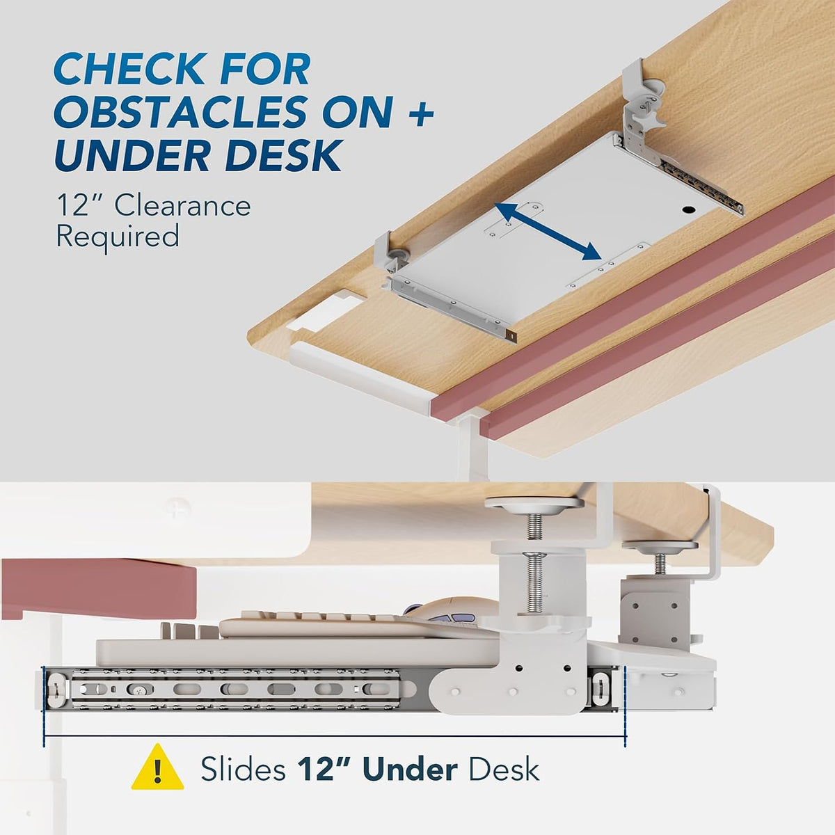 AX WABER Keyboard Tray Under Desk Pull Out with Extra Sturdy Adjustable C Clamp Mount System, 27.3 (32.5 inch Including Clamps) x 11 Inch Slide-Out Platform Computer Drawer for Typing, Black,AX01WB01