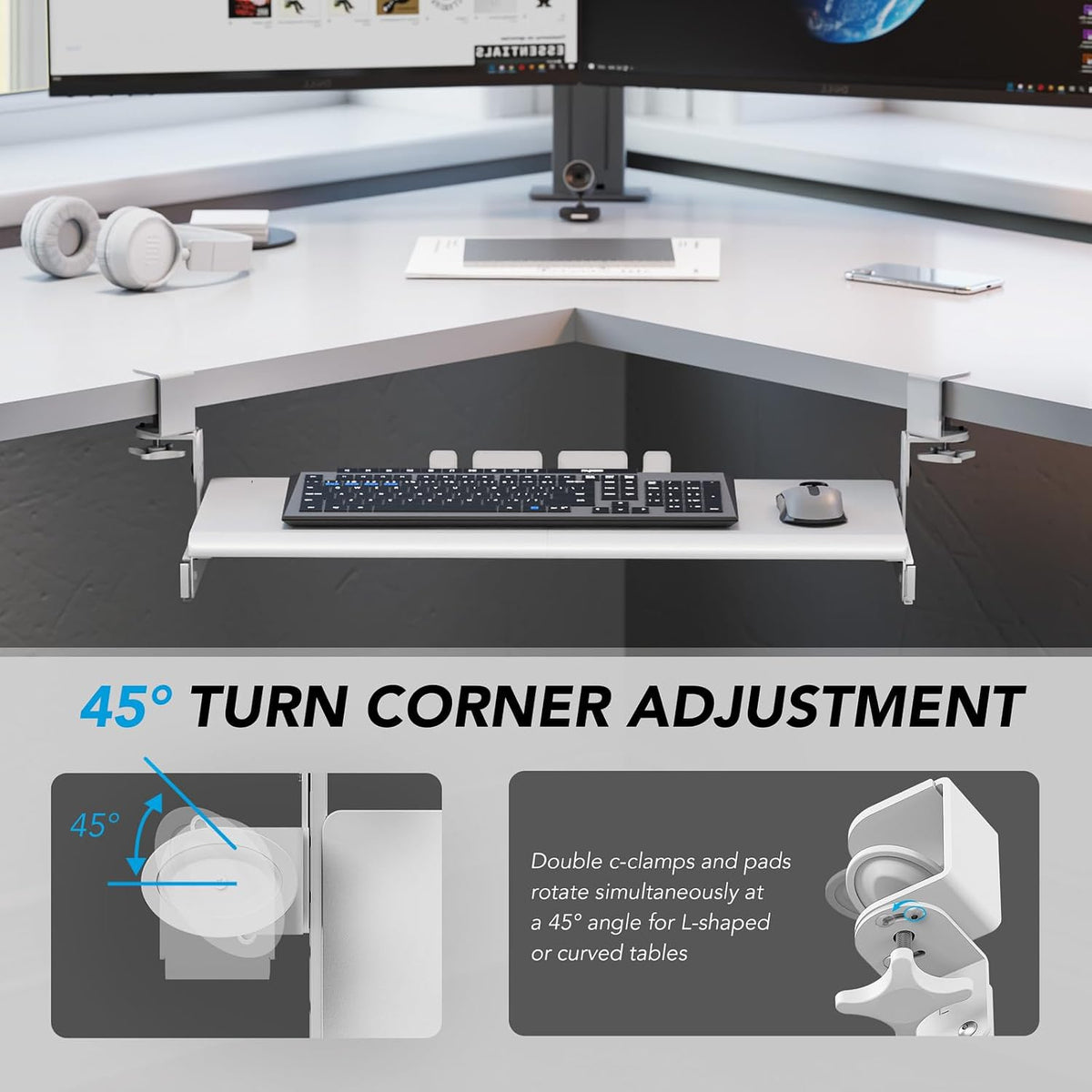 AX WABER Keyboard Tray Under Desk Pull Out with Extra Sturdy Adjustable C Clamp Mount System, 27.3 (32.5 inch Including Clamps) x 11 Inch Slide-Out Platform Computer Drawer for Typing, Black,AX01WB01