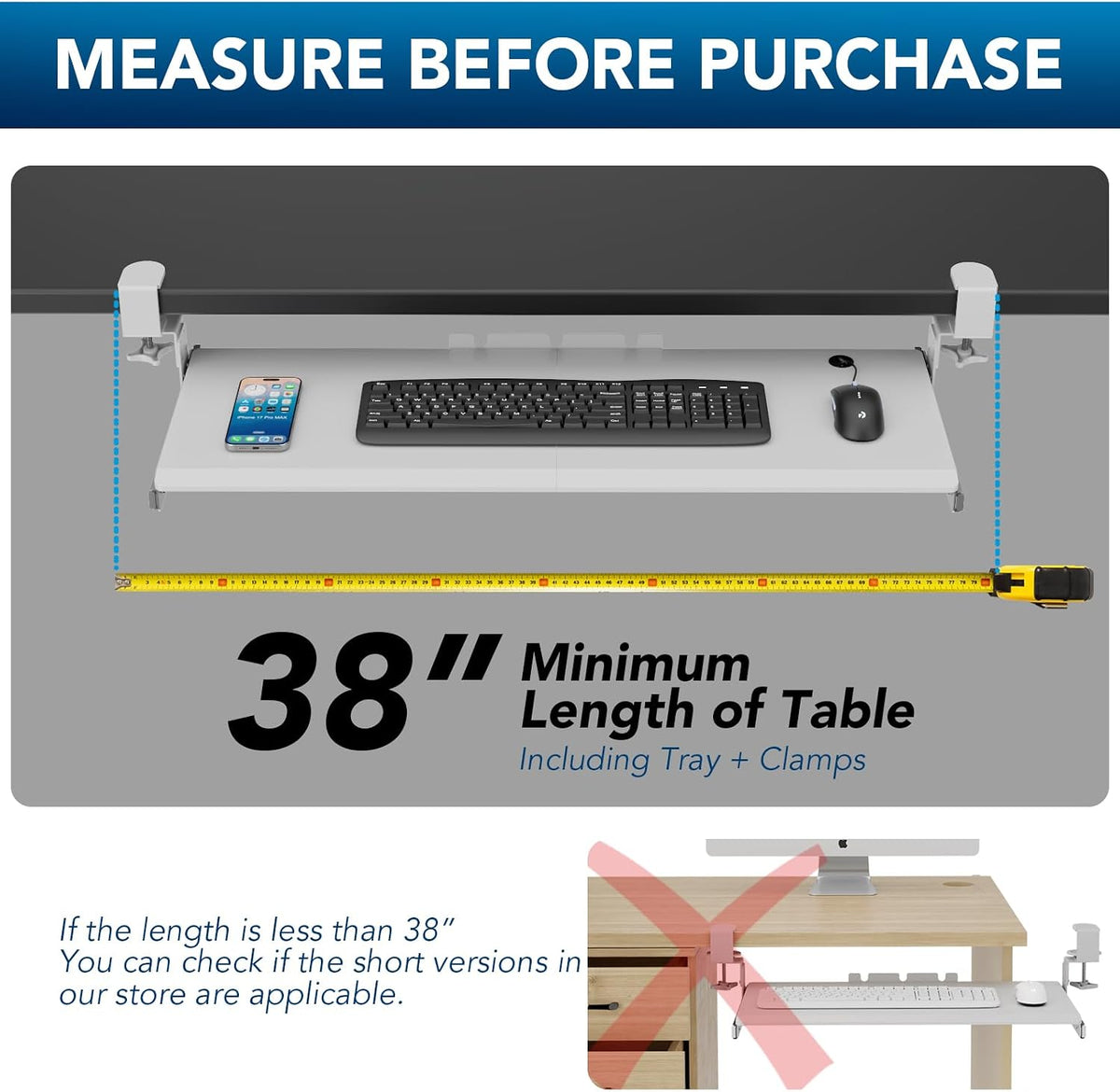 AX WABER Keyboard Tray Under Desk Pull Out with Extra Sturdy Adjustable C Clamp Mount System, 27.3 (32.5 inch Including Clamps) x 11 Inch Slide-Out Platform Computer Drawer for Typing, Black,AX01WB01