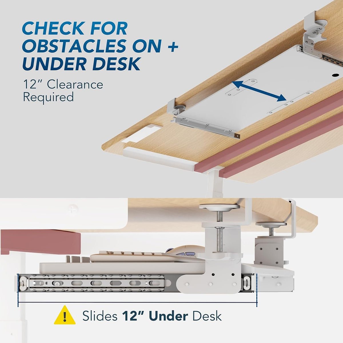 AX WABER Keyboard Tray Under Desk Pull Out with Extra Sturdy Adjustable C Clamp Mount System, 27.3 (32.5 inch Including Clamps) x 11 Inch Slide-Out Platform Computer Drawer for Typing, Black,AX01WB01