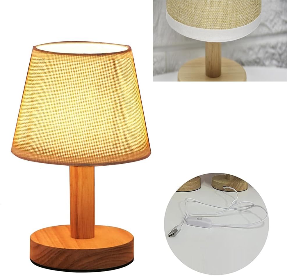 Small Table Lamp,Bedside Table Lamp,Vintage Lamp,Wooden Bedside Lamp Simple Bedroom Lamp Linen Shade Mini Desk Lamp Night Light Nightstand Lamp for Bedroom,Living Room,Kids Room