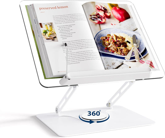 Adjustable Acrylic Book Stand for Reading, 360° Rotating Base, Foldable Desktop Book Holder with Elastic Page Clips, Hands-Free Cookbook Stand for Laptop, Tablet, Recipe, Textbook, Music Score