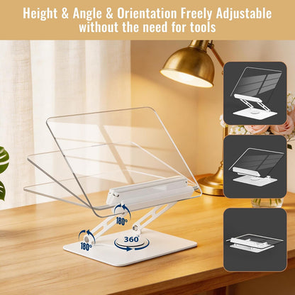 Adjustable Acrylic Book Stand for Reading, 360° Rotating Base, Foldable Desktop Book Holder with Elastic Page Clips, Hands-Free Cookbook Stand for Laptop, Tablet, Recipe, Textbook, Music Score