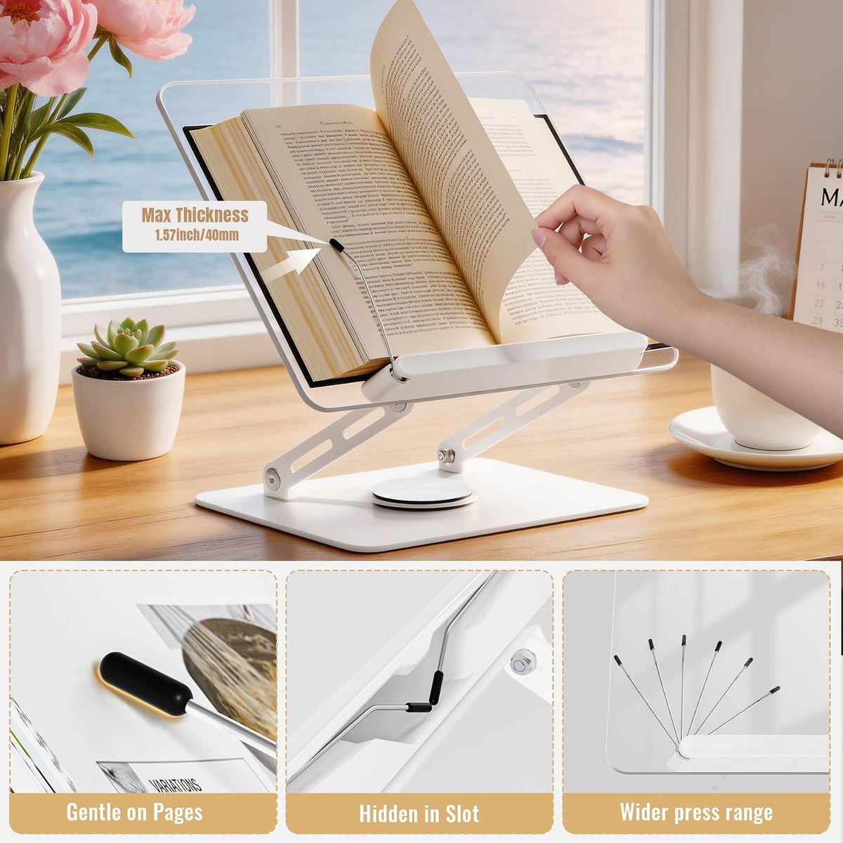 Adjustable Acrylic Book Stand for Reading, 360° Rotating Base, Foldable Desktop Book Holder with Elastic Page Clips, Hands-Free Cookbook Stand for Laptop, Tablet, Recipe, Textbook, Music Score