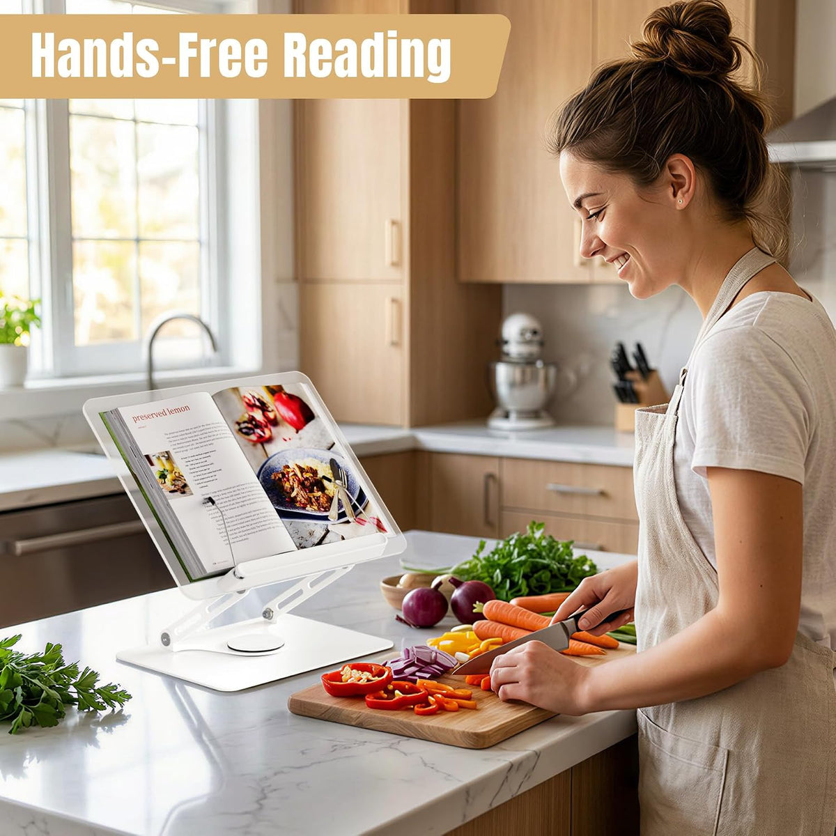 Adjustable Acrylic Book Stand for Reading, 360° Rotating Base, Foldable Desktop Book Holder with Elastic Page Clips, Hands-Free Cookbook Stand for Laptop, Tablet, Recipe, Textbook, Music Score