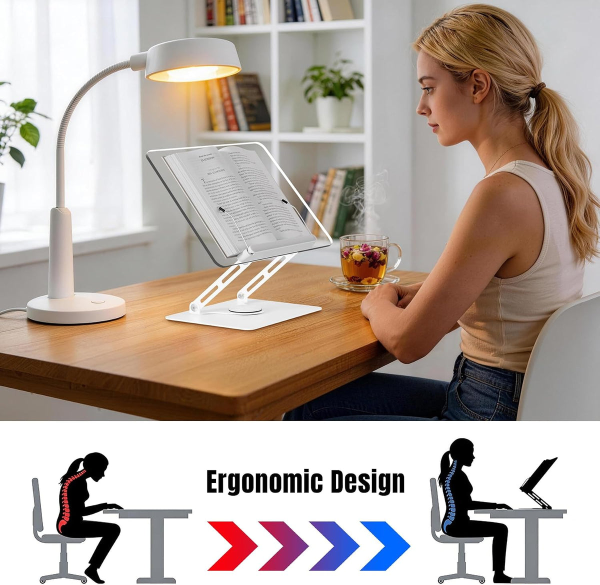 Adjustable Acrylic Book Stand for Reading, 360° Rotating Base, Foldable Desktop Book Holder with Elastic Page Clips, Hands-Free Cookbook Stand for Laptop, Tablet, Recipe, Textbook, Music Score