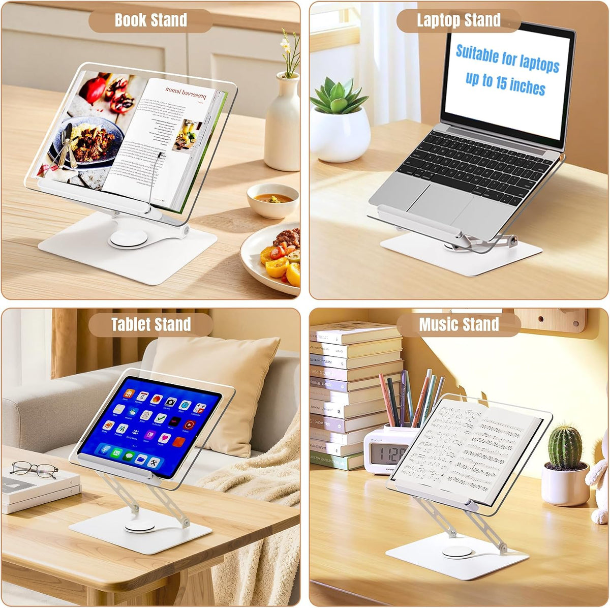 Adjustable Acrylic Book Stand for Reading, 360° Rotating Base, Foldable Desktop Book Holder with Elastic Page Clips, Hands-Free Cookbook Stand for Laptop, Tablet, Recipe, Textbook, Music Score