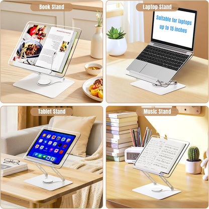 Adjustable Acrylic Book Stand for Reading, 360° Rotating Base, Foldable Desktop Book Holder with Elastic Page Clips, Hands-Free Cookbook Stand for Laptop, Tablet, Recipe, Textbook, Music Score