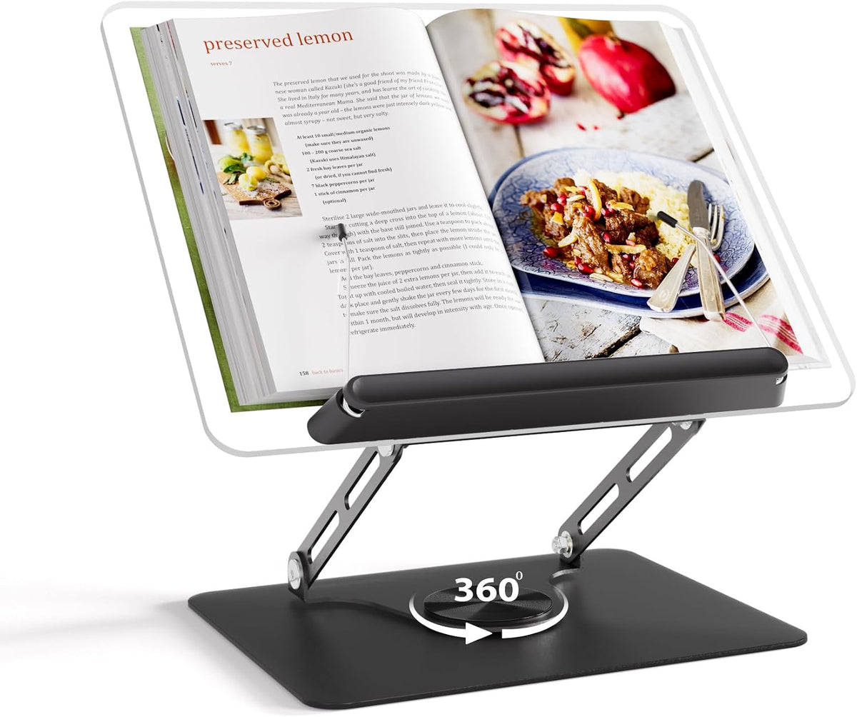 Adjustable Acrylic Book Stand for Reading, 360° Rotating Base, Foldable Desktop Book Holder with Elastic Page Clips, Hands-Free Cookbook Stand for Laptop, Tablet, Recipe, Textbook, Music Score