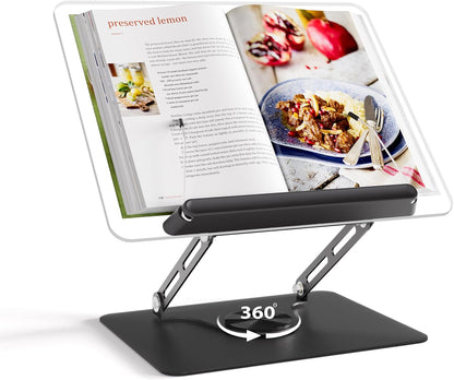 Adjustable Acrylic Book Stand for Reading, 360° Rotating Base, Foldable Desktop Book Holder with Elastic Page Clips, Hands-Free Cookbook Stand for Laptop, Tablet, Recipe, Textbook, Music Score