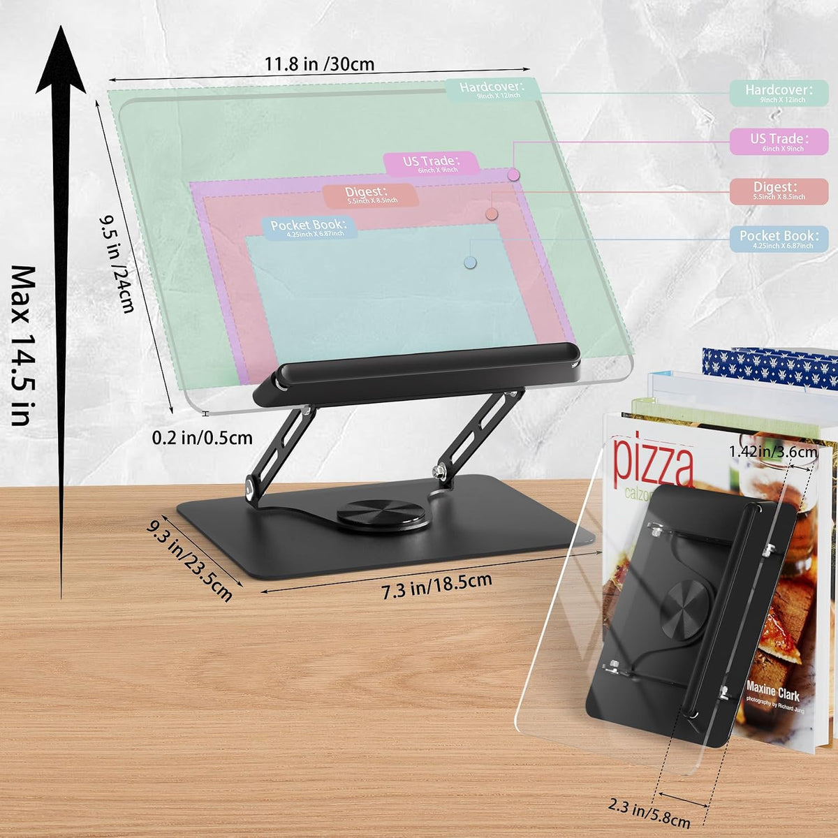Adjustable Acrylic Book Stand for Reading, 360° Rotating Base, Foldable Desktop Book Holder with Elastic Page Clips, Hands-Free Cookbook Stand for Laptop, Tablet, Recipe, Textbook, Music Score