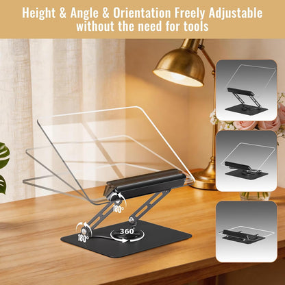 Adjustable Acrylic Book Stand for Reading, 360° Rotating Base, Foldable Desktop Book Holder with Elastic Page Clips, Hands-Free Cookbook Stand for Laptop, Tablet, Recipe, Textbook, Music Score