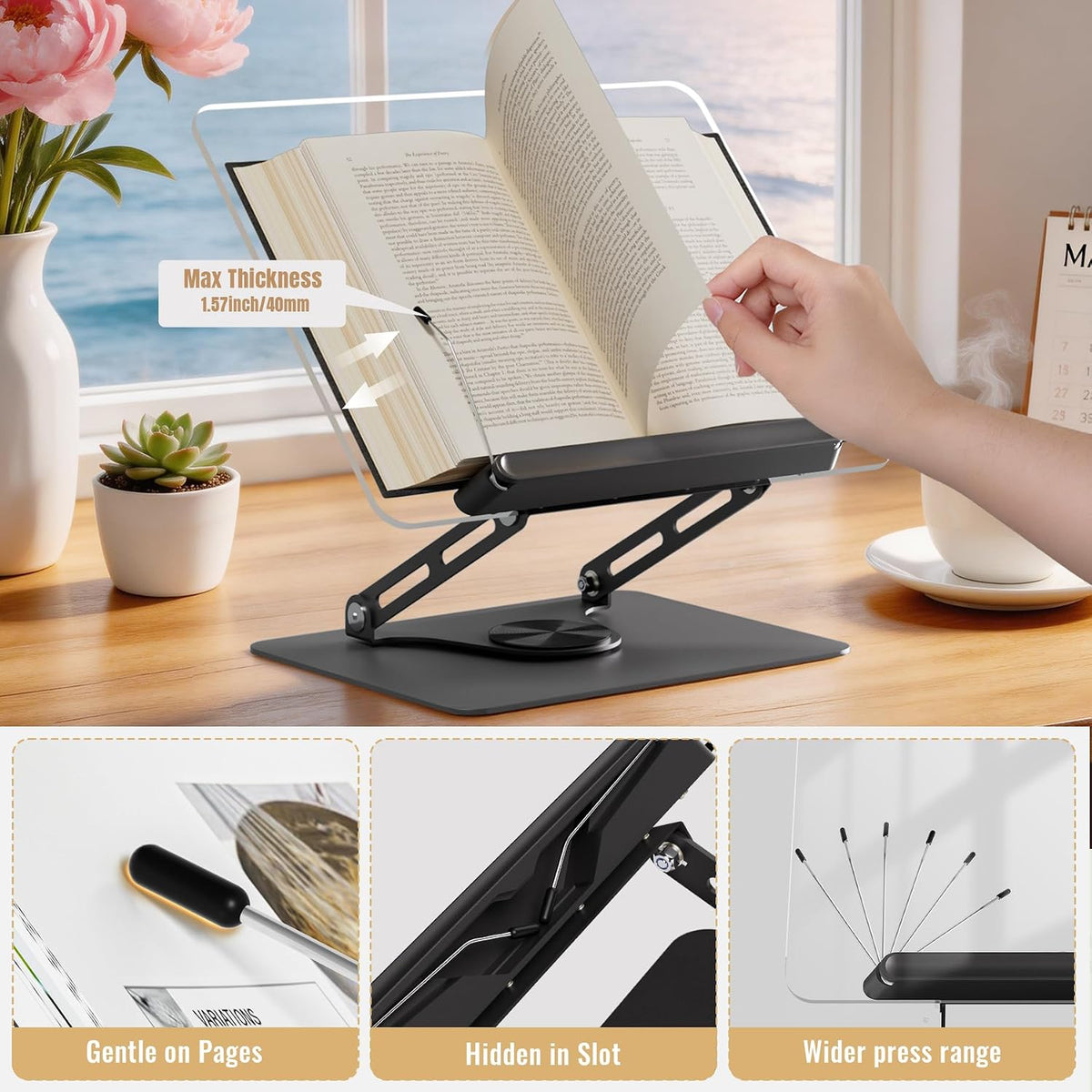 Adjustable Acrylic Book Stand for Reading, 360° Rotating Base, Foldable Desktop Book Holder with Elastic Page Clips, Hands-Free Cookbook Stand for Laptop, Tablet, Recipe, Textbook, Music Score