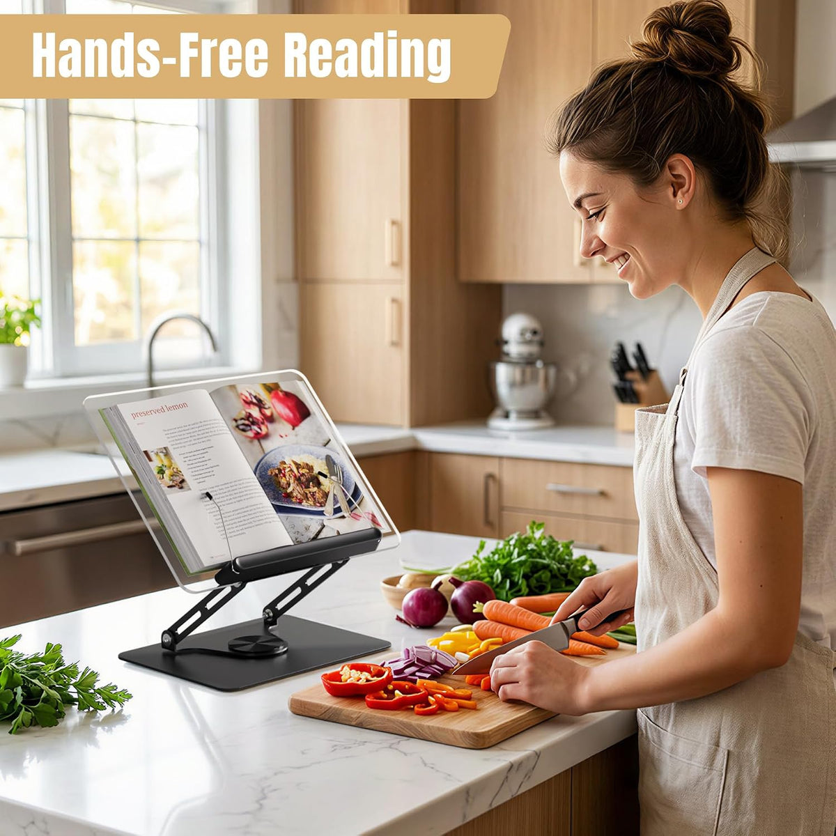 Adjustable Acrylic Book Stand for Reading, 360° Rotating Base, Foldable Desktop Book Holder with Elastic Page Clips, Hands-Free Cookbook Stand for Laptop, Tablet, Recipe, Textbook, Music Score