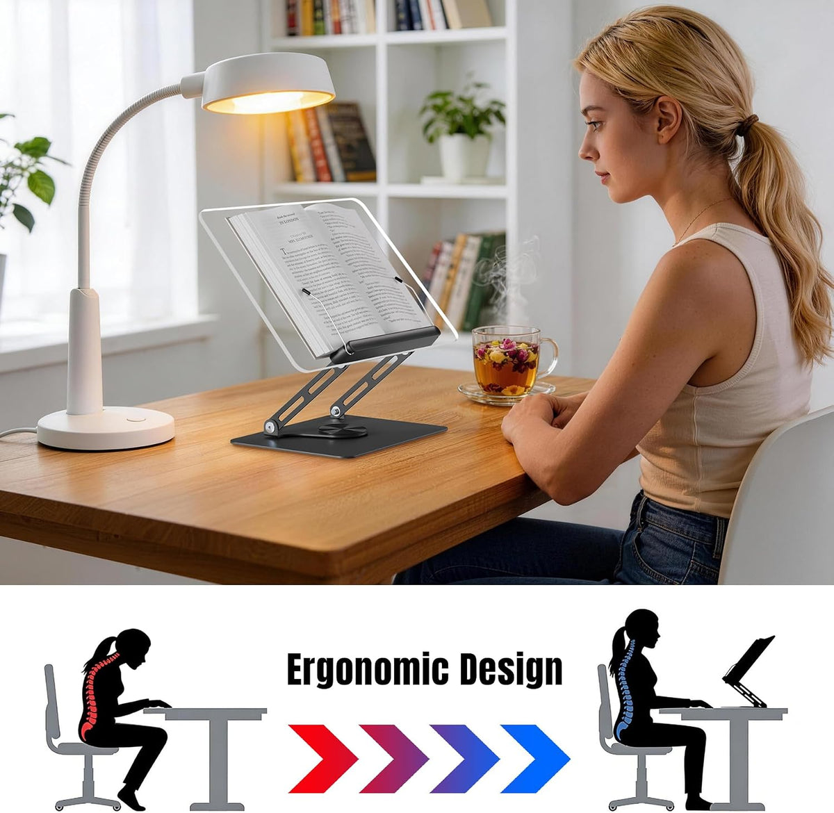 Adjustable Acrylic Book Stand for Reading, 360° Rotating Base, Foldable Desktop Book Holder with Elastic Page Clips, Hands-Free Cookbook Stand for Laptop, Tablet, Recipe, Textbook, Music Score
