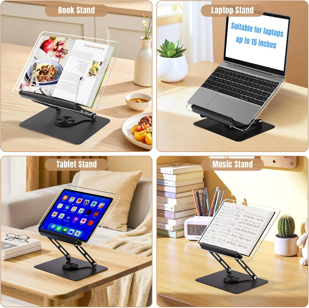 Adjustable Acrylic Book Stand for Reading, 360° Rotating Base, Foldable Desktop Book Holder with Elastic Page Clips, Hands-Free Cookbook Stand for Laptop, Tablet, Recipe, Textbook, Music Score