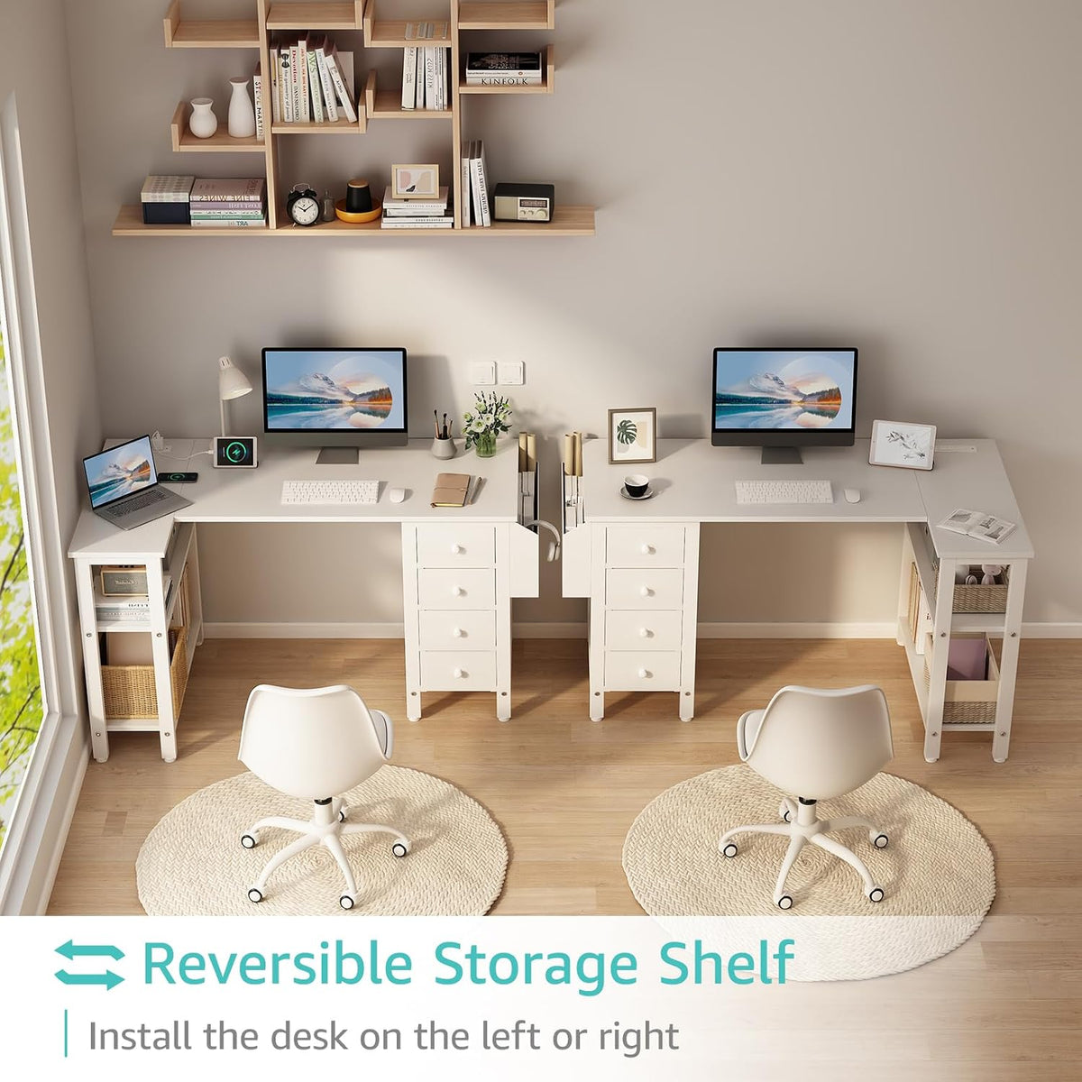 White L Shaped Computer Desk with Drawers & Storage Shelves, 47 Inch Corner Reversible Desk with Power Outlet for Home Office Bedroom, L-Shaped Teen PC Desks with Fabric Drawer, White