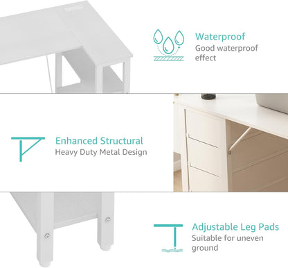 White L Shaped Computer Desk with Drawers & Storage Shelves, 47 Inch Corner Reversible Desk with Power Outlet for Home Office Bedroom, L-Shaped Teen PC Desks with Fabric Drawer, White
