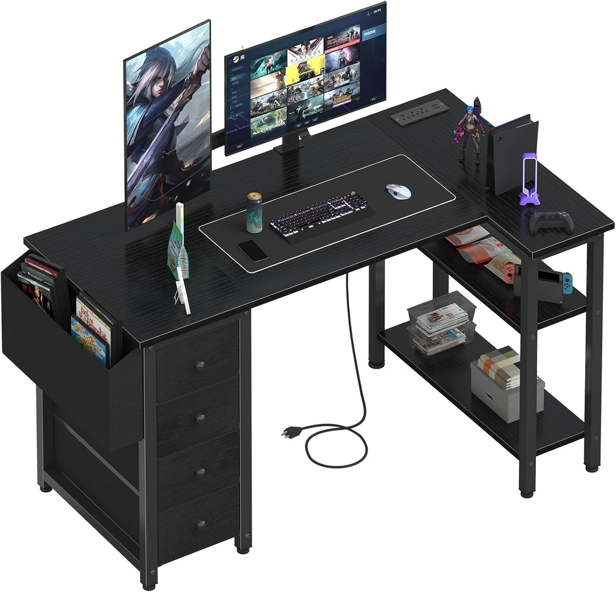 White L Shaped Computer Desk with Drawers & Storage Shelves, 47 Inch Corner Reversible Desk with Power Outlet for Home Office Bedroom, L-Shaped Teen PC Desks with Fabric Drawer, White