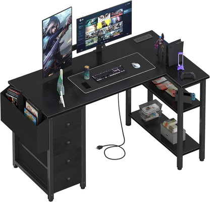 White L Shaped Computer Desk with Drawers & Storage Shelves, 47 Inch Corner Reversible Desk with Power Outlet for Home Office Bedroom, L-Shaped Teen PC Desks with Fabric Drawer, White