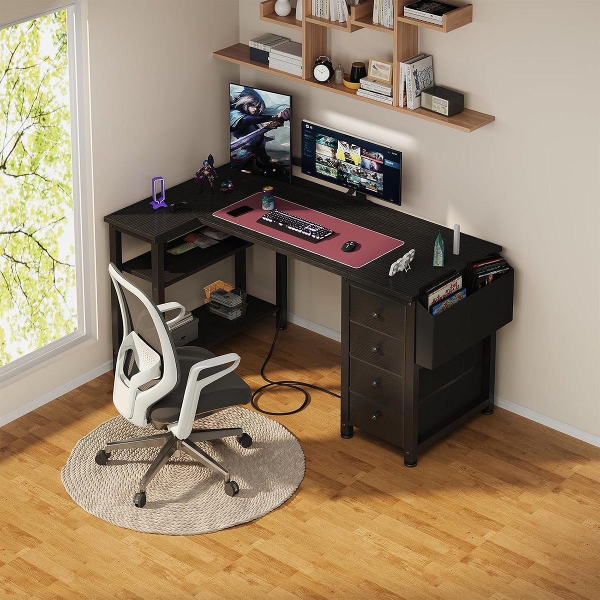 White L Shaped Computer Desk with Drawers & Storage Shelves, 47 Inch Corner Reversible Desk with Power Outlet for Home Office Bedroom, L-Shaped Teen PC Desks with Fabric Drawer, White