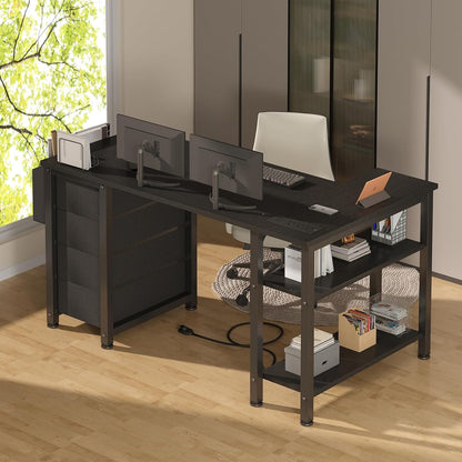 White L Shaped Computer Desk with Drawers & Storage Shelves, 47 Inch Corner Reversible Desk with Power Outlet for Home Office Bedroom, L-Shaped Teen PC Desks with Fabric Drawer, White