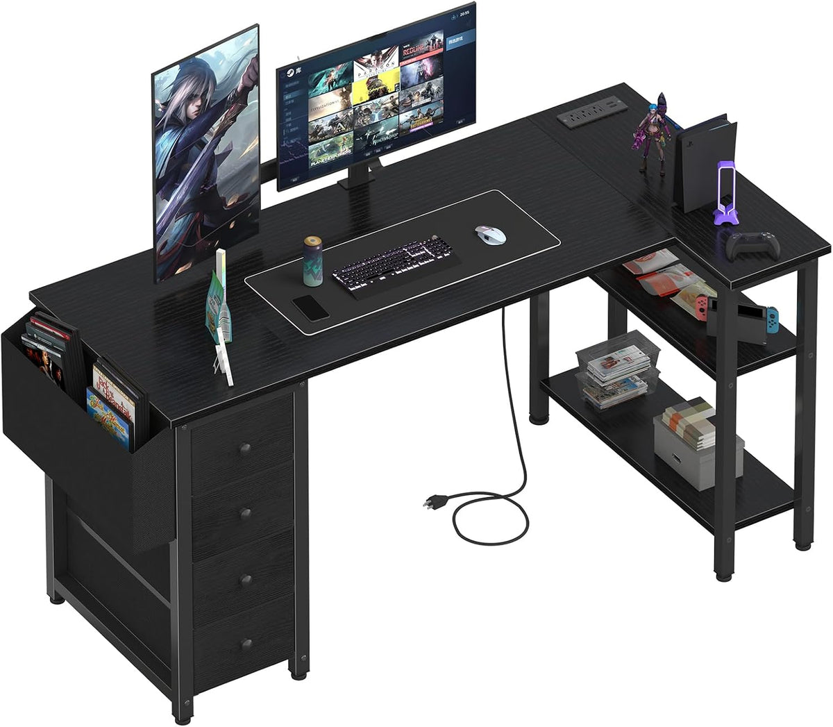 White L Shaped Computer Desk with Drawers & Storage Shelves, 47 Inch Corner Reversible Desk with Power Outlet for Home Office Bedroom, L-Shaped Teen PC Desks with Fabric Drawer, White