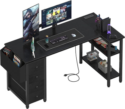 White L Shaped Computer Desk with Drawers & Storage Shelves, 47 Inch Corner Reversible Desk with Power Outlet for Home Office Bedroom, L-Shaped Teen PC Desks with Fabric Drawer, White